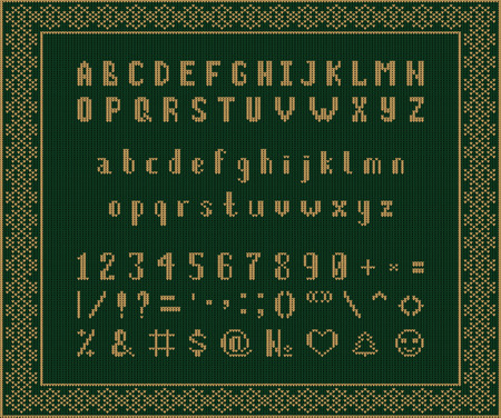 Christmas knitted font. Latin Alphabet on seamless background. Nordic Fair Isle knitting sweater designのイラスト素材