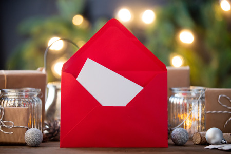 Santa Claus Christmas post with fary lights on backgroundの写真素材