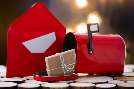 Santa Claus Christmas post with fary lights on backgroundの写真素材