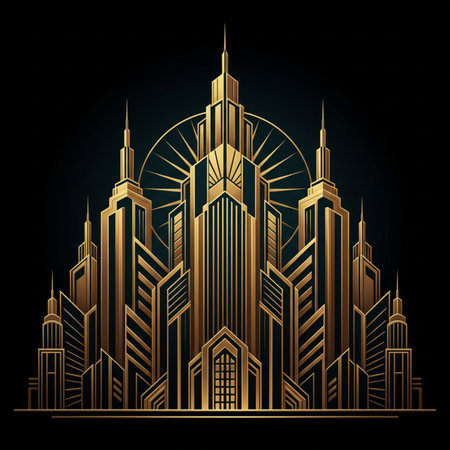 City skyline in gold and black colors on dark background. Vector illustration.の素材
