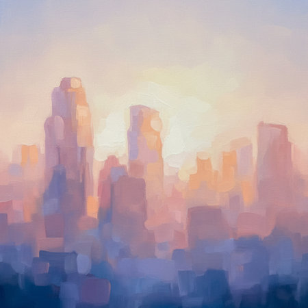 Abstract watercolor illustration of a city in the morning. Digital painting.の素材