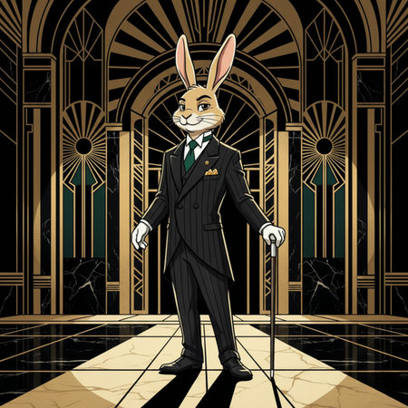 Rabbit in a suit on the background of the church. Vector illustrationの素材
