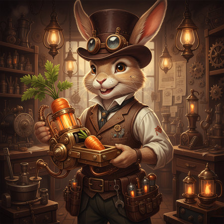 Easter bunny in a hat with a lantern in his hand.の素材