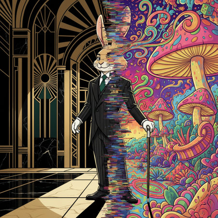 Vector illustration of a businessman with a rabbit in a suit on the background of an old castleの素材