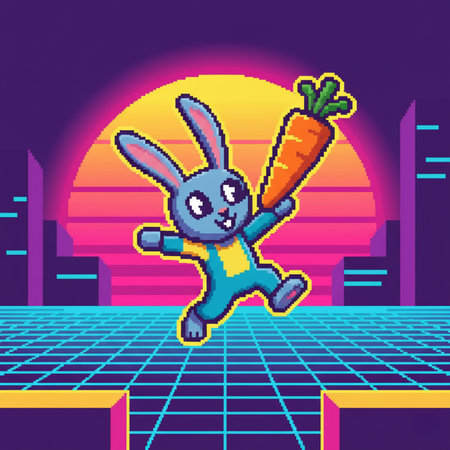 rabbit with carrot pixel art retro 80s style vector illustration designの素材