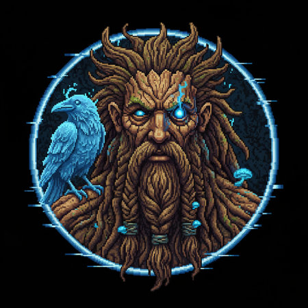 Tattoo art style illustration of a viking warrior with a raven on his head.の素材