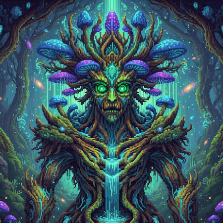 Fantasy alien creature in the dark forest. Psychedelic vector illustration.の素材