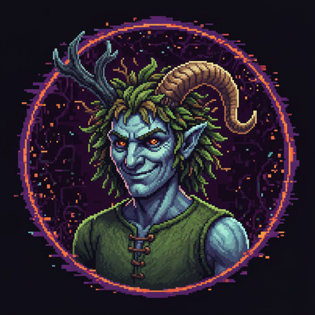 Zombie head pixel art vector illustration isolated on black background. Fantasy character with horns and green skin.の素材