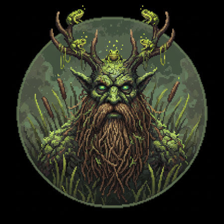 Pixel art illustration of a monster with horns on a green background.の素材