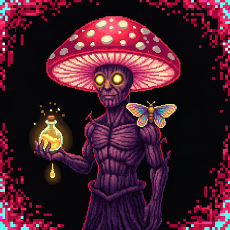Mexican skull in sombrero with magic potion. Pixel art illustration.の素材