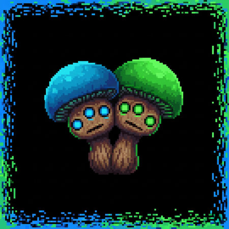 Pixel art mushrooms on a black background. Vector illustration. 8 bit pixel art.の素材