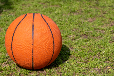 Basket ball lying in green grass fieldの写真素材