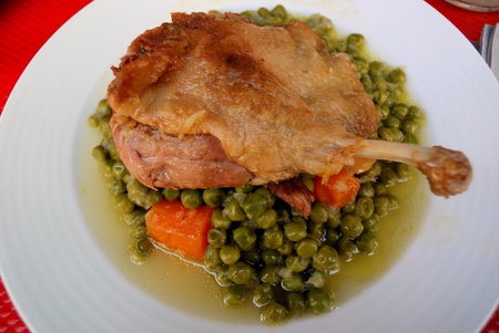 Isolated delicious french recipe made with duck leg, peas and carrots の写真素材