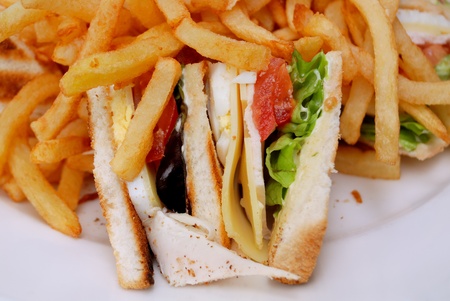 isolated sandwich with tomato, egg, cheese, lettuce and ham and fries on background の写真素材