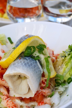 Isolated fresh seafood salad, with fish, shrimp, raw salmon and lettuce in white bowl. A lemon slice is on the top of this composition の写真素材
