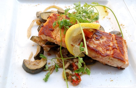 Salmon grilled with vegetables の写真素材