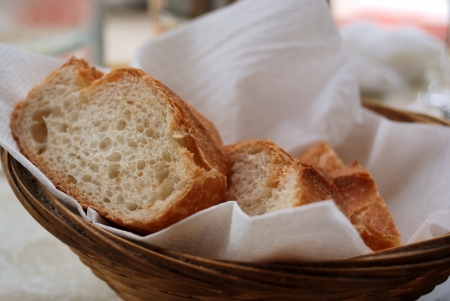 Pieces of french bread in a basket 