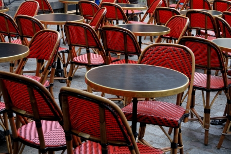street view of a typical cafe terrace, Paris, Franceの写真素材