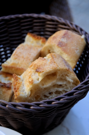 Pieces of french bread in a basket の写真素材