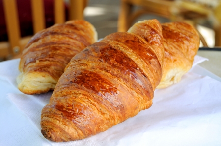 close-up of three croissants in backgroundの写真素材