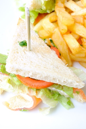 isolated sandwich with tomato, egg, cheese, lettuce and ham and fries on backgroundの写真素材
