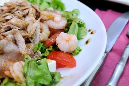 Delicious isolated seafood salad, with shrimps, tomato, lettuce, tunaの写真素材