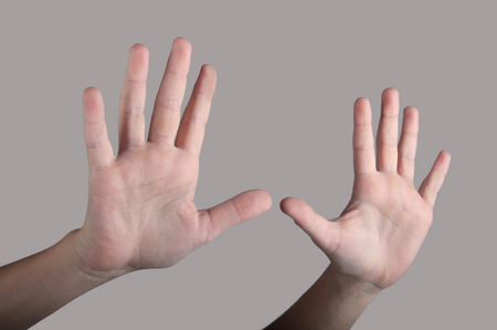 Two human hands showing palms and fingers on grey backgroundの写真素材
