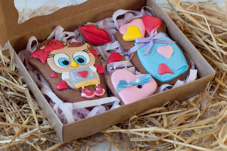 Sweet box. Honey cookies: hearts, lips, bird and envelope with color glaze lay on hay backroundの写真素材
