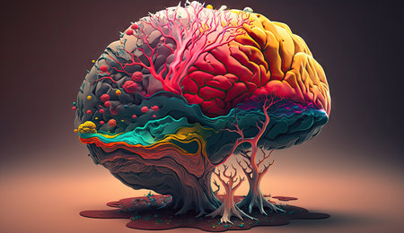 Colorful AI generative illustration of human brain of creative person. Bright red, yellow, blue, purple color on right and left hemispheres representing creative thinking concept.の写真素材