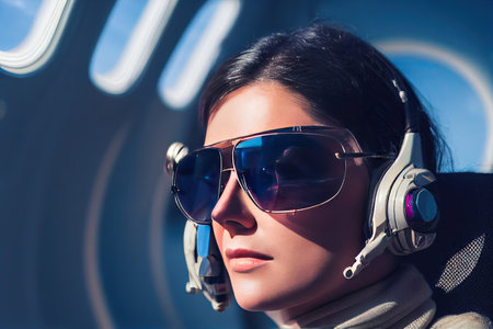 Young woman aircraft pilot with dark hair wearing sunglasses and headphones sitting in airplane cabin near window and looking straight. AI generative.の素材