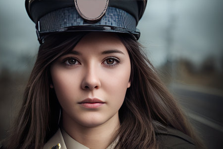 Young woman with long brown hair in a police officer uniform and hat with badge standing on road background on cloudly day. close-up. AI generative.の素材