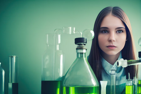 Portrait of woman chemist with long brown hair in uniform standing in the laboratory around glass flasks with green liquid. AI generative.の素材