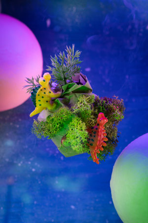 Handmade funny creative planet with colored toy dinos and green grass floating in space near red and green planets with clouds. Vertical blue background. Selective focus.の写真素材