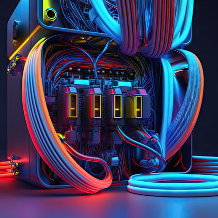 Different color electrical cables and wires connected inside digital equipment. Orange, blue plastic cables, wires. AI generative.の素材