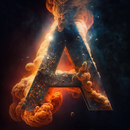 Letter A in space background. Red, orange explosion, smoke, clouds. Monogram lettering concept. AI generative art.の素材