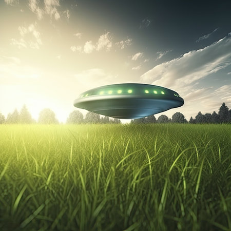 Gray UFO alien ship flying under green grass on sunny evening. Flying saucer with lights floating on cloudy day AI generative illustration.の素材
