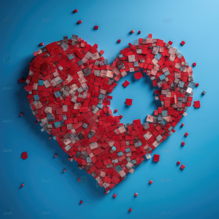 shattered heart on blue background. Top view on heart made of small blue, white, red pieces and a hole inside it. AI generative art.の素材