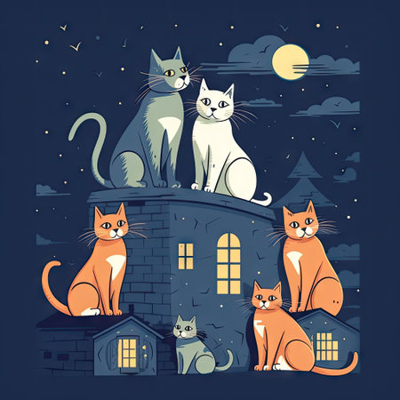 White, grey, red cats sitting on a rooftop under full moon at night. Flat cartoon style. AI generative art, illustration.の素材