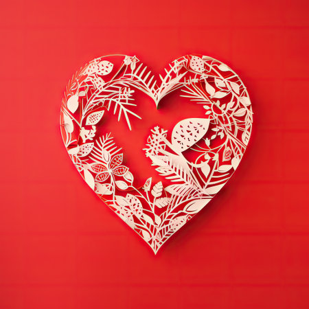 White lace heart with flowers, botany pattern. Paper cut art on red background. Top view, love, Valentines day, wedding, greeting card, engagement, letter concept. AI generative art.の素材