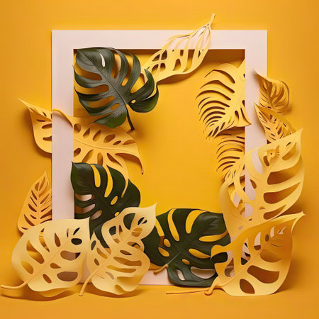 White photoframe mockup lying among green monstera leaves on yellow background. Copy space for picure, text, flat lay. AI generative art.の素材