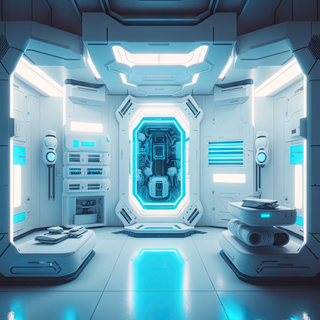 Futuristic Architecture Sci-Fi Hallway and Corridor Interior of spaceship, medical room, future hospital, white room with blue neon lights. AI generative.の素材