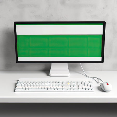 Modern white desktop computer with green screen, keyboard, mouse on working table. Copy space, mockup. AI generative art.の素材