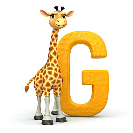 Kids alphabet. Cute cartoon giraffe standing near yellow letter G on white background. Children abc lettering. AI generative.の素材