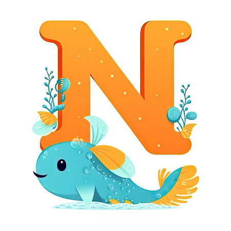 kids alphabet. Cute blue cartoon fish narwal near orange letter N on white background. Children abc lettering. AI generative.の素材