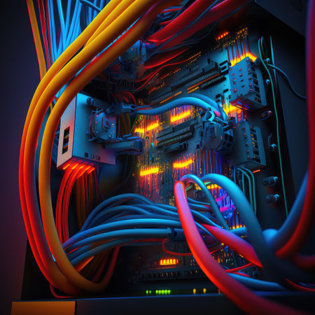 network connection. Desktop, server, cyberpunk concept. Colorful red, blue, yellow colors plastic wires connected to computer supply. Colored data cable management. AI generative art.の素材