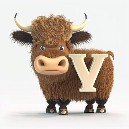 Kids alphabet. Cute cartoon yak animal with letter Y on white background. Children abc letters. AI generative.の素材