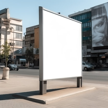 White blank city billboard mockup outdoors, advertising poster on the street for advertisement on street on sunny afternoon on appartment houses background. Copy space for text, picture. AI generative.の素材