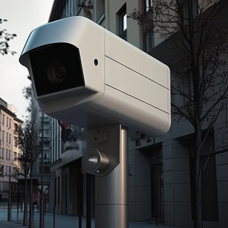 Security video camera standing outdoors in street. Private property protection on urban background. AI generative.の素材