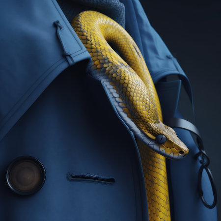 Fragment of man luxury blue suit with yellow snake crawling out of collar. Dishonesty concept, reptile lay on human clothes. AI generative art.の素材