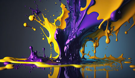 A big colorful ink splash. Yellow, purple paint splashes with drops on dark background. AI generative art.の素材